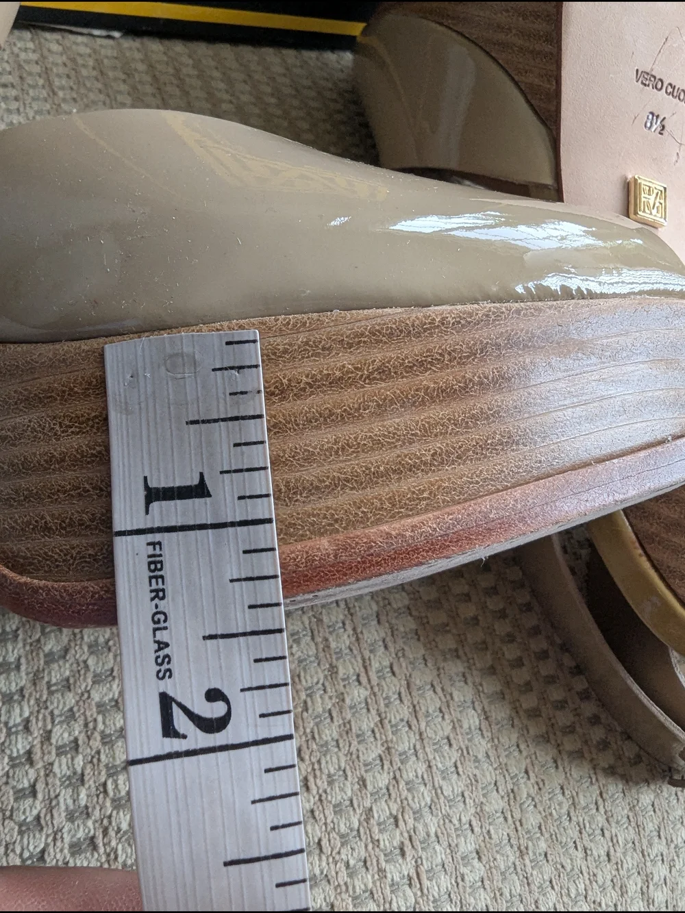 Pour La Victoire Beige Patent Platform Sandal with Ankle Strap
